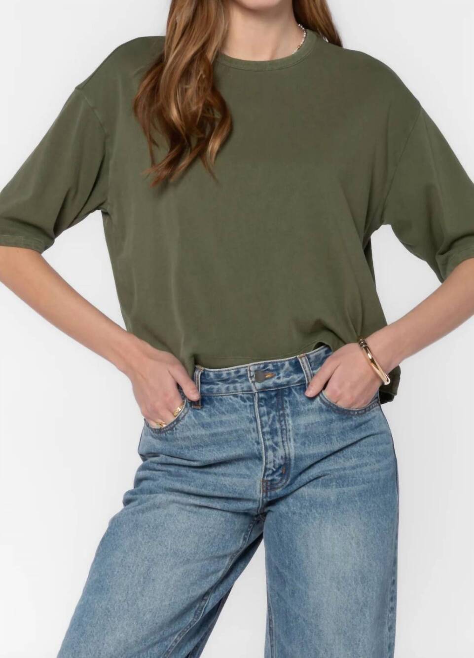 NEW VELVET HEART drop shoulder crewneck tee in olive